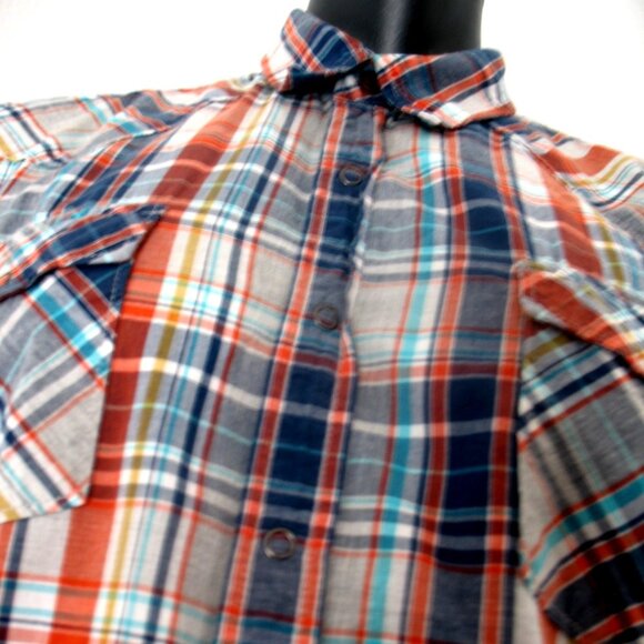 Ruff Hewn Button Up Shirt Men's Blue/Orange Plaid Size Large Short sleeves. - Picture 3 of 10